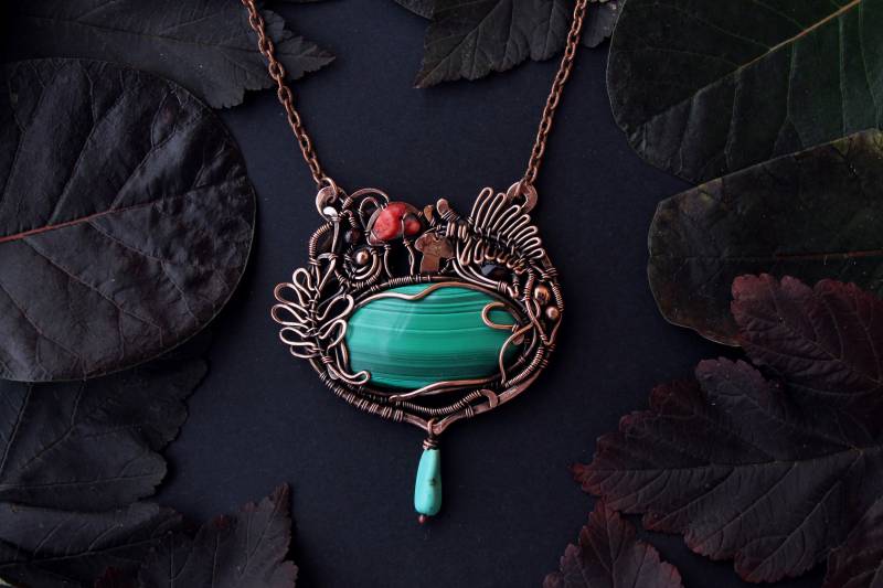 Wald Anhänger, Pilze Kupfer Wire Wrap Schmuck, Achat Malachit Halskette, Geschenk Für Sie von LenaSinelnikArt