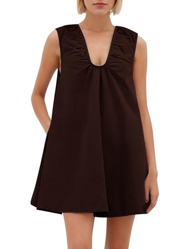 Lenader Damen Ärmelloses Babydoll-Tank-Minikleid U-Ausschnitt gerüschtes Blasenkleid mit Taschen Kurzes Sommerkleider Partykleider, Braun, Klein von Lenader