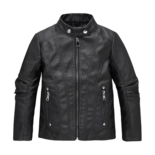 Bikerjacke aus Kunstleder für Kinder Jungen - Lange Ärmel - Perfekto Lederjacke Frühling Herbst (Schwarz, 140) von Lengender