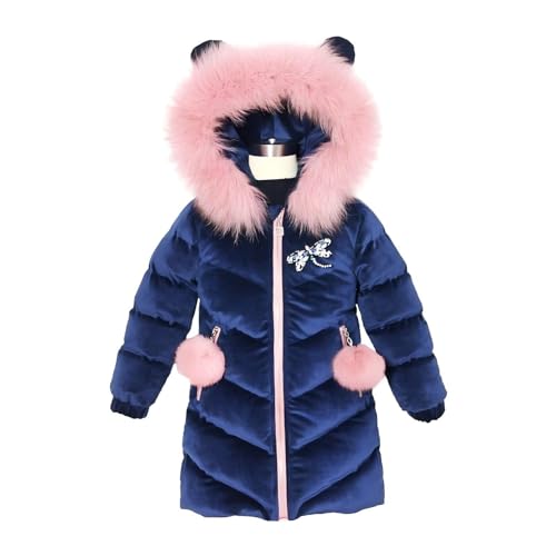 Kinder Mädchen Dicker Mantel Winter Herbst Gold Samt Mittellange Kleidung Daunenjacke Warme Kapuze Pelz Reißverschlusstaschen Parka (Blau, 160) von Lengender