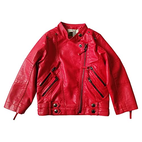 Kunstleder Jacke Kinder Mädchen Kurzmantel Lederjacke BikerJacke Perfekto Frühling Herbst (Rot, 150) von Lengender
