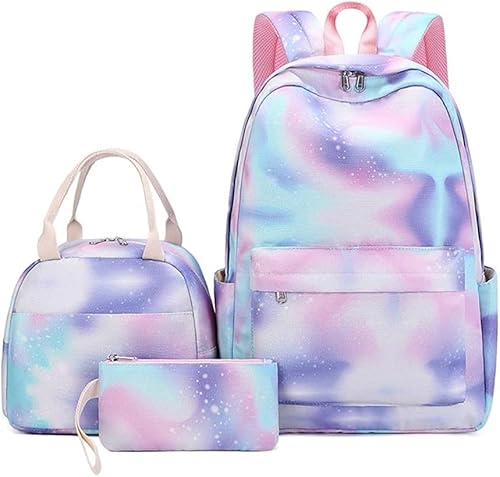 Lengender Kinder Mädchen Rucksack Schule Teenager Schulranzen Grundschule Regenbogen Taschen Schule Freizeit Rainbow Backpack Set + Federmäppchen, violett von Lengender