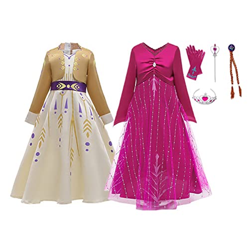 Lot 2 Kleider Kind Mädchen Schneekönigin Prinzessin Elsa Anna Halloween Weihnachtsfeier Geburtstag Karneval Cosplay Kostüm (D, 110) von Lengender