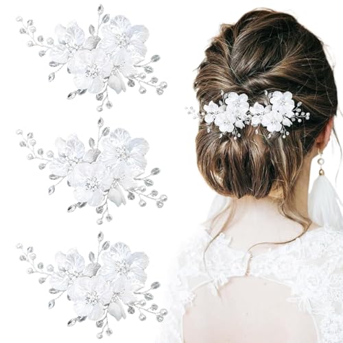 Lengxue 3 Pcs Perle Blume Hochzeit Haarspangen Braut Kristall Haarspangen für Frauen Mädchen Hochzeit Party Blume Blatt Rebe Kopfschmuck Haarschmuck (Silber) von Lengxue