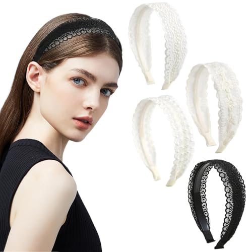 Lengxue 4 Stück Spitzen-Stirnbänder mit Blumenstickerei, modische breite Haarbänder für Damen und Mädchen, rutschfest, Vintage-Haarschmuck (weiß/schwarz) von Lengxue