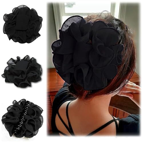 Lengxue Große Chiffon-Klauen-Haarspange, Haarschleife, großes schwarzes Stoffband, Blumen-Rose, Klauenklammern, Zubehör für Damen und Mädchen, dickes oder feines Haar Lengxue Große Chiffon-Klauen-Haarspange, Haarschleife, großes schwarzes Stoffband, Blumen-Rose, Klauenklammern, Zubehör für Damen und Mädchen, dickes oder feines Haar von Lengxue