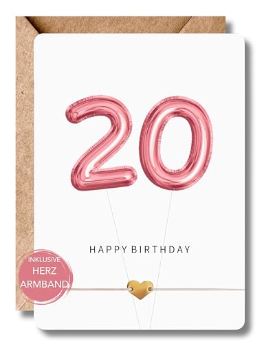 LeniSch Geburtstagskarte 20 Jahre inkl. Herz Armband 18K vergoldet | Happy Birthday Karte mit Zahlen Luftballons von LeniSch