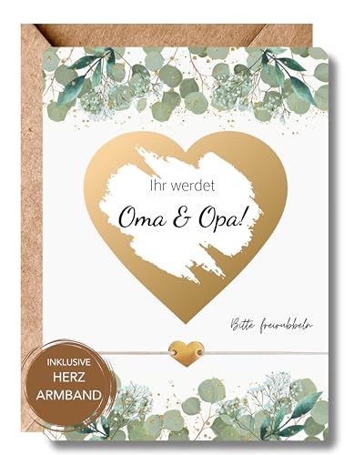 LeniSch Ihr werdet Oma & Opa Rubbelkarte mit Herz Armband 18K Gold | Schwangerschaft verkünden an Großeltern | Rubbellos Karte Geschenkidee von LeniSch