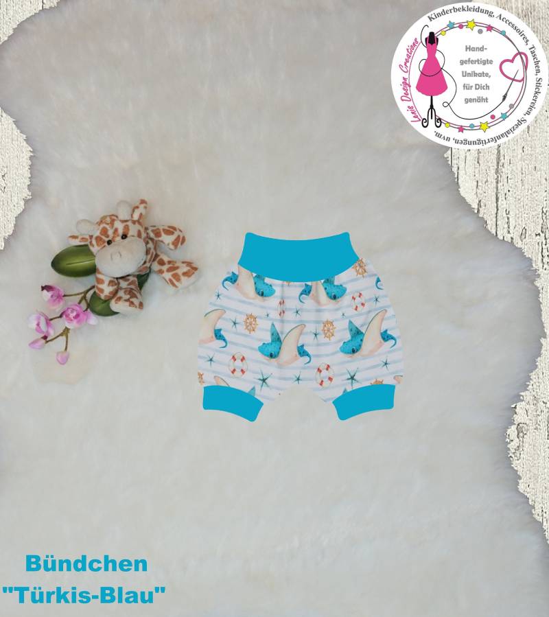 Capri - Oder Kurze Pumphose, Sommerhose Für Jungen Gr.52-110, Mit Teufelsrochen Und Maritimen Symbolen in Blau-Türkis + Bündchen | Wählbar von LenisDesignCreations