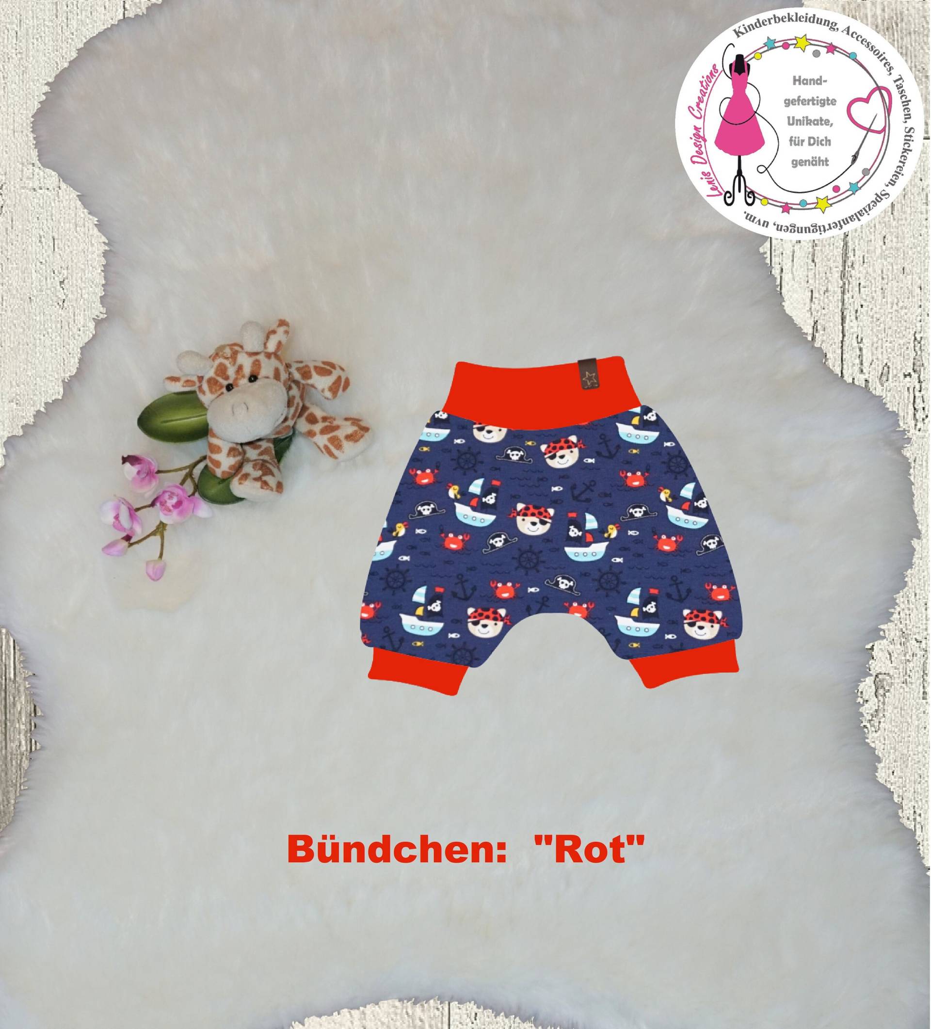 Capri - Oder Kurze Pumphose, Sommerhose Für Jungen Gr.52-116, in Dunkelblau Mit "Teddy-Piraten & Maritimen Symbolen + Bündchen | Wählbar von LenisDesignCreations