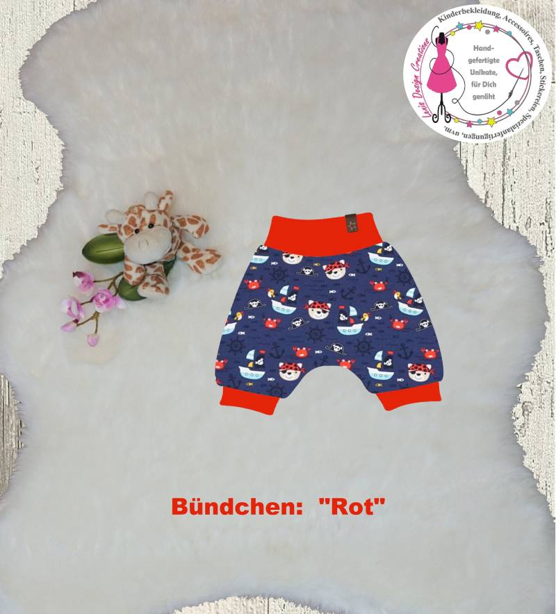 Capri - Oder Kurze Pumphose, Sommerhose Für Jungen Gr.52-116, in Dunkelblau Mit "Teddy-Piraten & Maritimen Symbolen + Bündchen | Wählbar von LenisDesignCreations