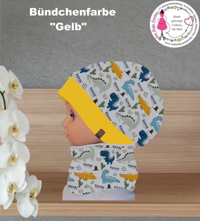 Set Aus Beanie-Mütze Mit Loop-Schal, "Dinos", Junge & Mädchen, Bündchenfarbe Wählbar | Auf Wunsch Ohne Bündchen von LenisDesignCreations