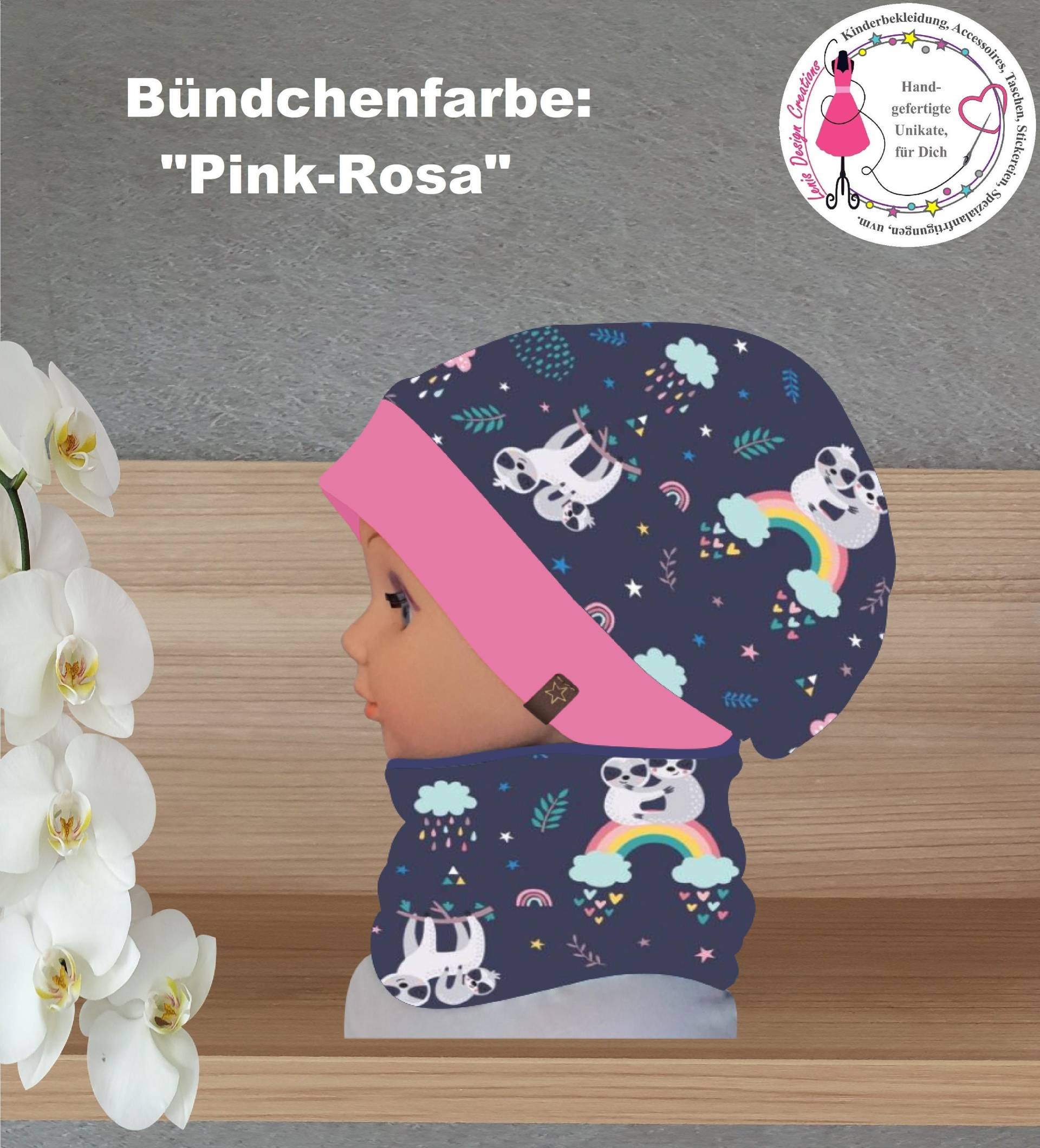 Set Aus Beanie-Mütze Mit Loop-Schal, "Faultier & Regenbogen" Für Mädchen, Bündchenfarbe Wählbar | Auf Wunsch Ohne Bündchen von LenisDesignCreations