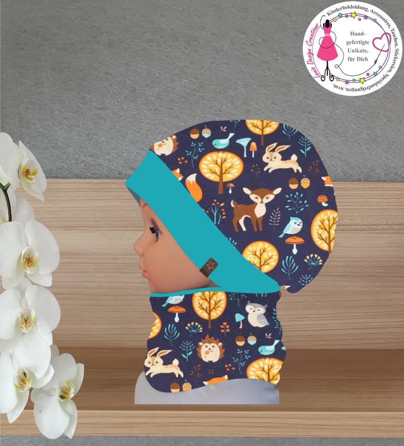 Set Aus Beanie-Mütze Mit Loop-Schal, "Herbst Tiere", Junge & Mädchen, Bündchenfarbe Wählbar | Auf Wunsch Ohne Bündchen von LenisDesignCreations