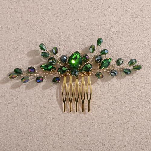 Lenjicons Brautschmuck Strass Perlen Haarkamm Handgemachte Kristall Strass Haarkamm Elegant Kristall Hochzeit Kopfschmuck Hochzeit Haarschmuck für Frauen (Grün) von Lenjicons