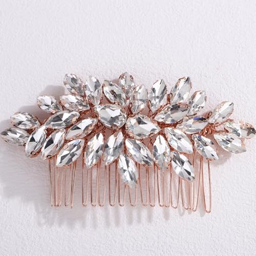 Lenjicons Glitzernder Strass-Haarkamm in Tropfenform, Strass, Hochzeitshaarschmuck, handgefertigt, Kristall-Haar-Seitenkamm, Braut-Haarschmuck für Frauen (Roségold) von Lenjicons
