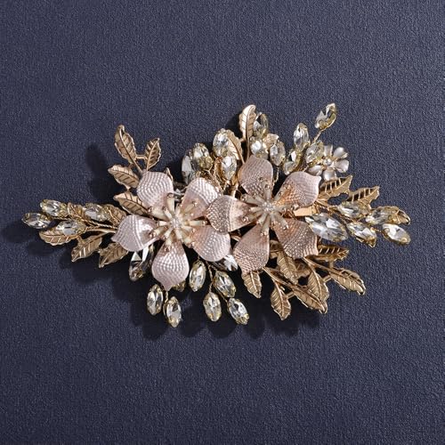 Lenjicons Haarspangen mit Vintage-Blume, Strass, Hochzeit, Braut-Kopfschmuck, Blume, Blatt, Haarschmuck für Hochzeit, Damen (Gold) von Lenjicons