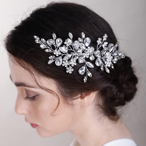 Lenjicons Hochzeits-Blumen-Strass-Haarkamm, funkelnder Kristall, Braut-Haarschmuck, handgefertigt, Strass, Hochzeitshaarkamm, Kristall, Braut-Kopfschmuck für Frauen (Silber) von Lenjicons