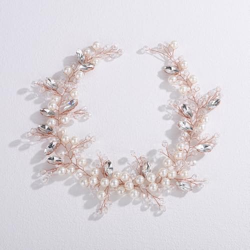 Lenjicons Luxuriöses Perlen-Stirnband, handgefertigt, Strass, Perlen, Hochzeit, Haarrebe, Strass, Braut-Stirnband, elegante Kristall-Hochzeits-Haarbänder für Frauen (Roségold) von Lenjicons