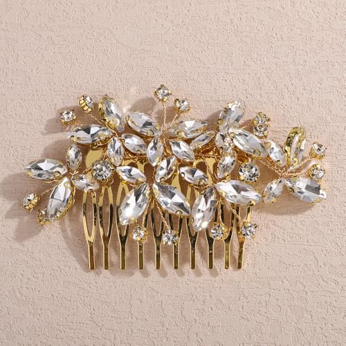 Lenjicons Luxus Strass Haarkamm Hochzeit Kopfschmuck zierlicher Kristall Braut Stirnband handgefertigt Strass Hochzeit Haarkamm Braut Haarschmuck für Frauen (Gold) von Lenjicons