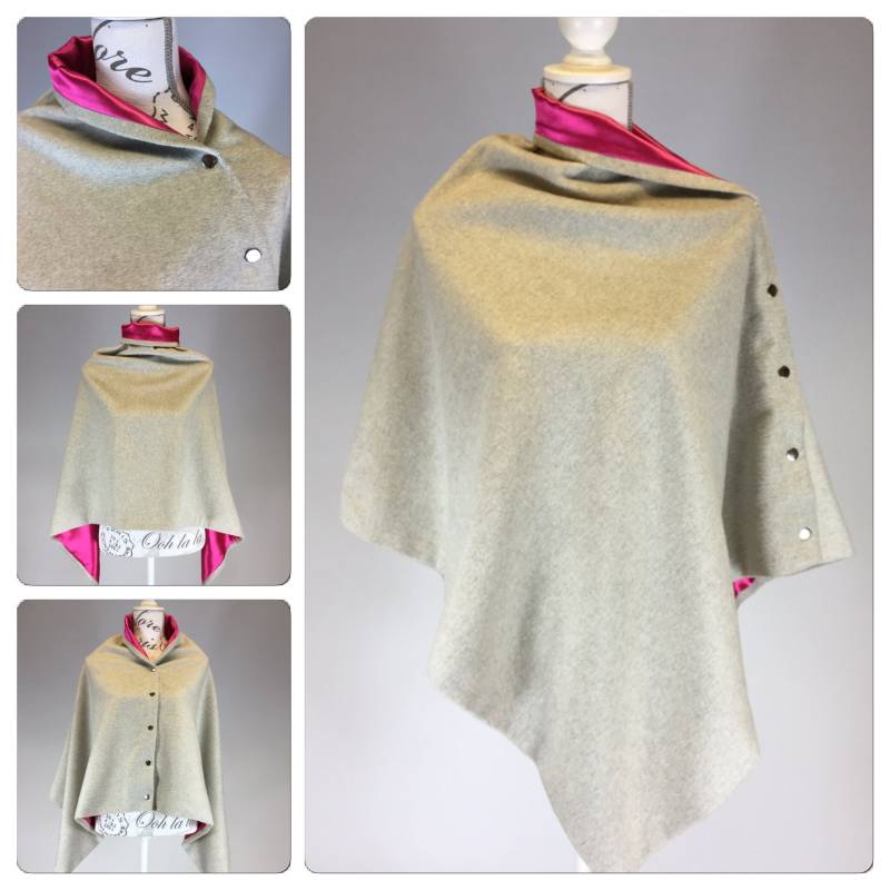 Handgemachter Lady's Grey Mit Rosa Futter Tweed Cape Poncho von LenkasDresses