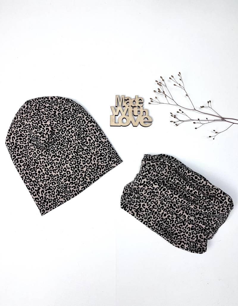 Beanie/Mütze/Loop/Wunschgröße/Baby/Animal Print/Leopard/Leo Print/Beige von Lenohandmade