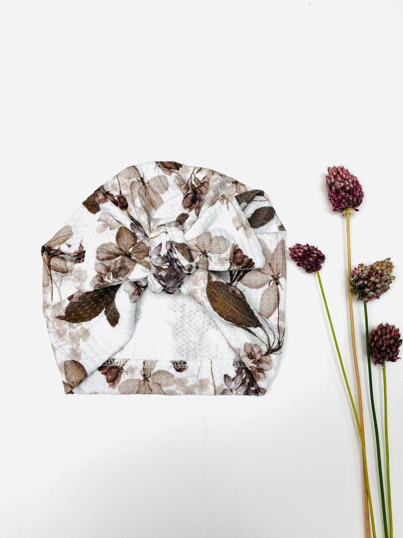 Turbanmütze Blumen | Mütze Mädchen Kindermütze Frühling Schleife Haaraccessoires Babymütze Aquarell Flowers Waffeljersey von Lenohandmade