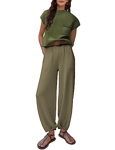 Lentta 2-teiliges Damen-Pullover-Set, Outfit, Strickpullover, Tops, hohe Taille, Hose mit Taschen, OLIVEGREEN, L von Lentta