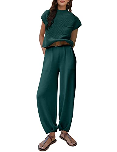 Lentta 2-teiliges Pullover-Set für Damen, Strickpullover, Oberteile, hohe Taille, Hose mit Taschen, Dunkelgrün, M von Lentta