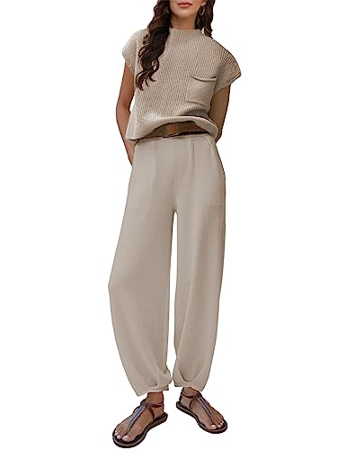 Lentta 2-teiliges Pullover-Set für Damen, Strickpullover, Oberteile, hohe Taille, Hose mit Taschen, Lightkhaki, M von Lentta