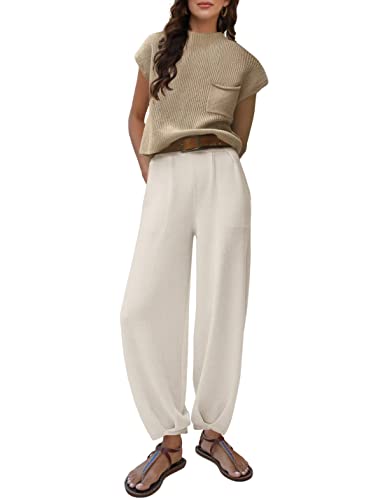 Lentta 2-teiliges Pullover-Set für Damen, Strickpullover, Oberteile, hohe Taille, Hose mit Taschen, Weiss/opulenter Garten, XL von Lentta