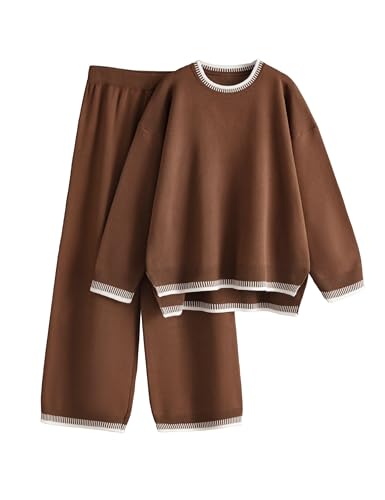 Lentta Damen 2 Stück Pullover Sets Outfits Langarm Strickpullover Tops Weites Bein Hosen Lounge Sets Trainingsanzüge, Dunkelbraun, Medium von Lentta