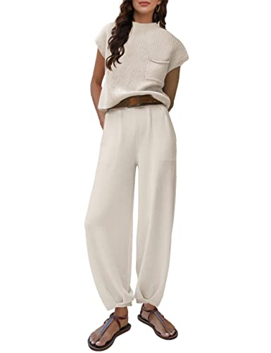 Lentta 2-teiliges Damen-Pullover-Set, Outfit, Strickpullover, Tops, hohe Taille, Hose mit Taschen, reinweiß, M von Lentta