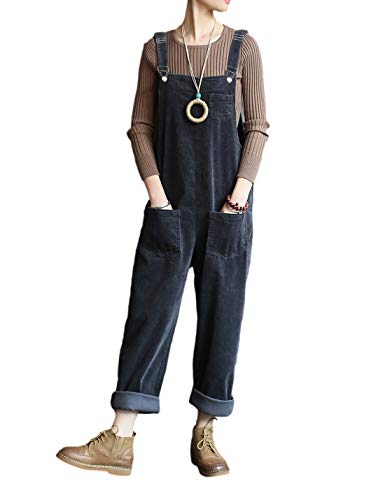 Lentta Damen Casual Loose Cord Bib Overall Jumpsuits Wide Leg Hose mit Taschen - Grau - Groß von Lentta