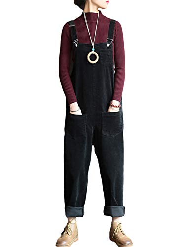 Lentta Damen Casual Loose Cord Bib Overall Jumpsuits Wide Leg Hose mit Taschen - Schwarz - Mittel von Lentta
