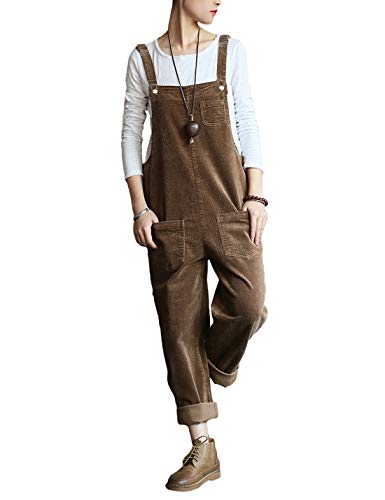 Lentta Damen Casual Loose Cord Bib Overall Latzhose Jumpsuits Wide Leg Hose mit Taschen - Braun - Groß von Lentta