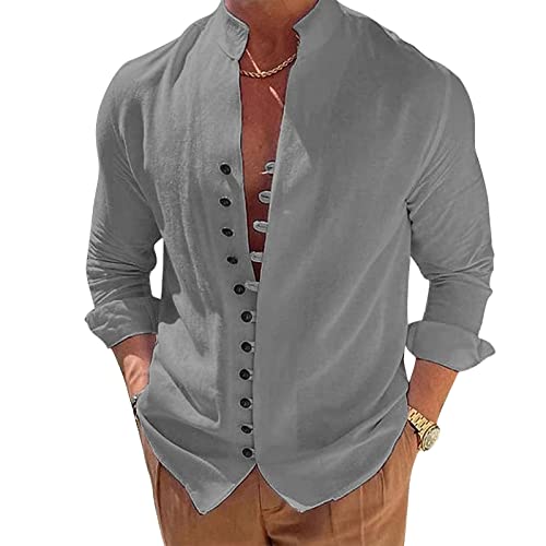 Lenugeo Baumwollehemd Leinenhemd für Herren, Leichtes Langarm Hemd Sommer, Sommerhemd Freizeithemd Strandhemd Stehkragenhemd Trachtenhemd, Henley Shirt Stehkragen Leinen | Grau L von Lenugeo