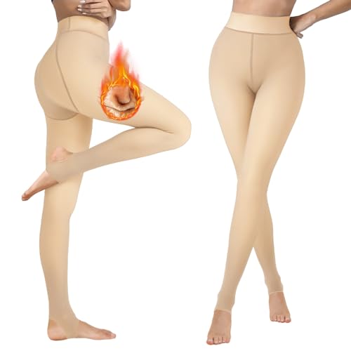 Lenugeo Thermo Strumpfhose Für Damen, Gefütterte Blickdichte Thermostrumpfhose, Herbst Winter Warme Leggings Dünnes Fleece | 200g B-Hautfarbe S/M von Lenugeo