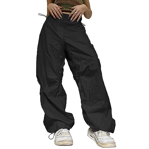 Lenugeo Cargohose Damen Baggy, Y2K Hip Hop Hose, Parachute Pants Track Fallschirmhose, High/Low Waist Vintage Streetwear, 90er Casual Freizeithose Jogginghose Sporthose | Schwarz von Lenugeo