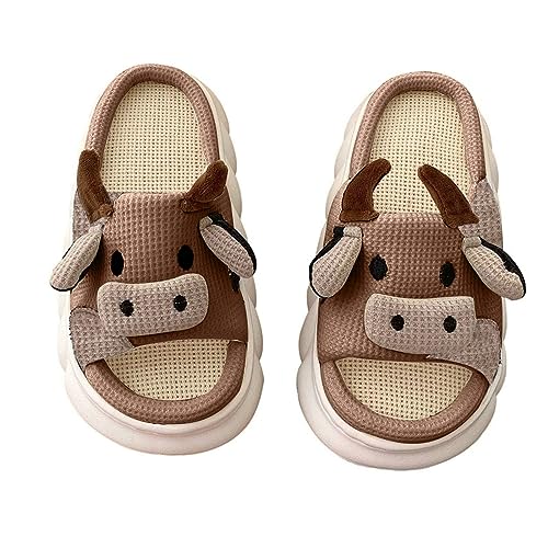 Lenugeo Cartoon Kuh-Hausschuhe Damen Herren, Kawaii Cow Rutschfeste Linen Slippers, Niedliche Kuschelige Stumme Haus Slides | Kaffee 36-37 EU von Lenugeo