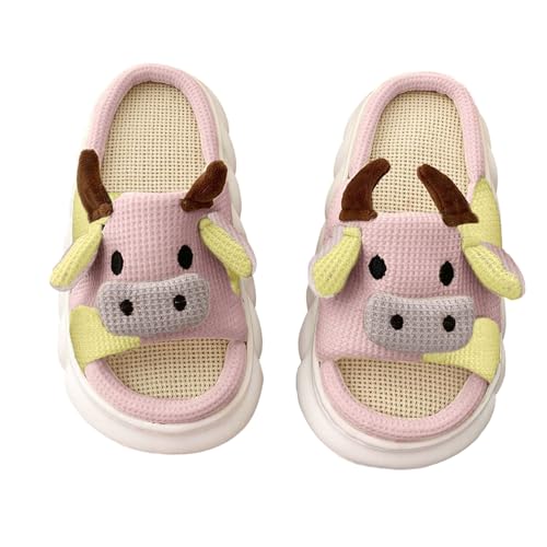 Lenugeo Cartoon Kuh-Hausschuhe Damen Herren, Kawaii Cow Rutschfeste Linen Slippers, Niedliche Kuschelige Stumme Haus Slides | Rosa+Gelb 36-37 EU von Lenugeo