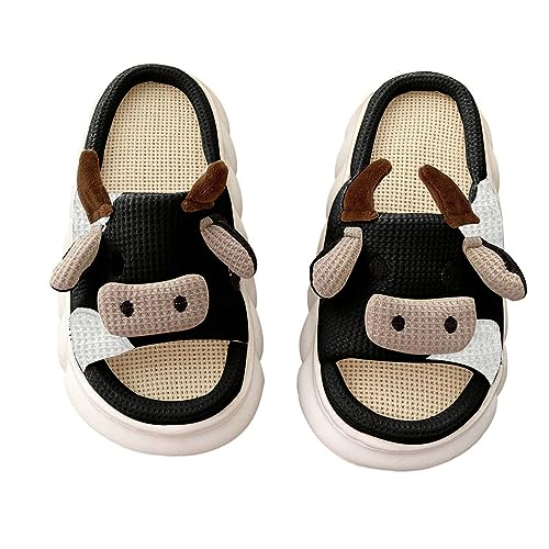 Lenugeo Cartoon Kuh-Hausschuhe Damen Herren, Kawaii Cow Rutschfeste Linen Slippers, Niedliche Kuschelige Stumme Haus Slides | Schwarz 42-43 EU von Lenugeo