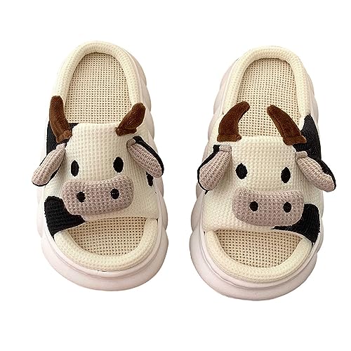 Lenugeo Cartoon Kuh-Hausschuhe Damen Herren, Kawaii Cow Rutschfeste Linen Slippers, Niedliche Kuschelige Stumme Haus Slides | Beige 40-41 EU von Lenugeo