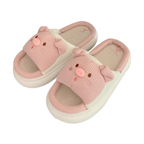 Lenugeo Cartoon Schwein-Hausschuhe Damen Herren, Kawaii Pig Rutschfeste Linen Slippers, Niedliche Kuschelige Stumme Haus Slides | Rosa 36-37 EU von Lenugeo