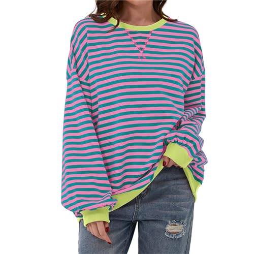 Lenugeo Dünne Gestreift Sweatshirt Damen Striped Shirt Oversized Pullover Langärm T-Shirt Top|Grün-Rosa,XL von Lenugeo