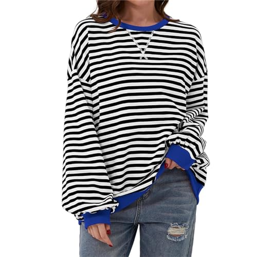 Lenugeo Dünne Sweatshirt Gestreift Damen Striped Shirt Oversized Pullover Langärm T-Shirt Top|Schwarz-Weiß,S von Lenugeo