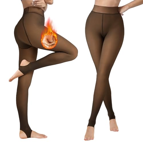 Lenugeo Thermo Strumpfhose Für Damen, Gefütterte Fake Transparente Thermostrumpfhose Große Größen, Herbst Winter Warme Leggings Dünnes Fleece | 200g B-Braun Plus Size L/XL von Lenugeo