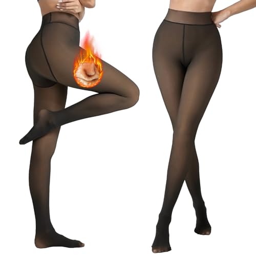 Lenugeo Thermo Strumpfhose Für Damen, Gefütterte Fake Transparente Thermostrumpfhose Große Größen, Winter Warme Leggings Dickes Fleece | 300g A-Schwarz Plus size XXL+ von Lenugeo