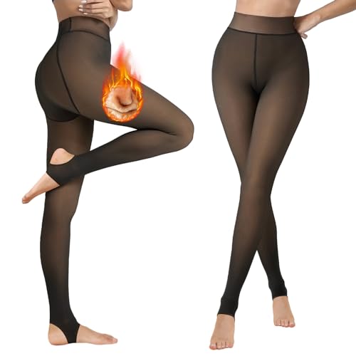 Lenugeo Thermo Strumpfhose Für Damen, Gefütterte Fake Transparente Thermostrumpfhose Große Größen, Winter Warme Leggings Dickes Fleece | 300g B-Schwarz Plus size XXL+ von Lenugeo