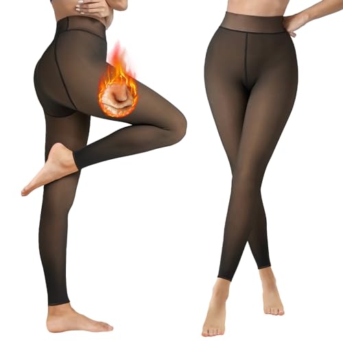 Lenugeo Thermo Strumpfhose Für Damen, Gefütterte Fake Transparente Thermostrumpfhose Große Größen, Winter Warme Leggings Dickes Fleece | 300g C-Schwarz Plus size L/XL von Lenugeo